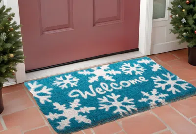 Hivvago 18" X 30" Aqua Blue And White Coir Snowflake Welcome Outdoor Winter Door Mat