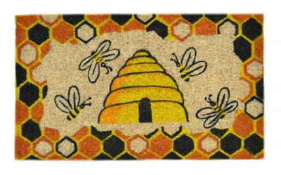 Hivvago 18" X 30" Beige And Orange Coir Bees Outdoor Spring Door Mat In Multi