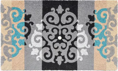 Hivvago 18" X 30" Beige And White Coir Damask Outdoor Door Mat In Multi