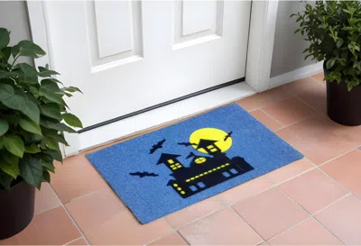 Hivvago 18" X 30" Blue And Black Coir Spooky House Outdoor Halloween Door Mat