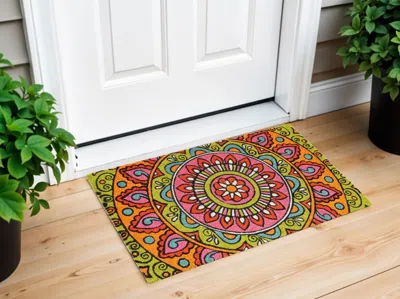 Hivvago 18" X 30" Green And Pink Coir Abstract Outdoor Door Mat In Multi