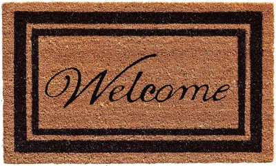 Hivvago 18" X 30" Natural And Black Striped Border Welcome Outdoor Coir Door Mat In Brown