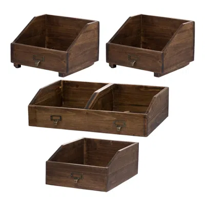 Hivvago 19, 13, 10 Inch Fir Wood Box, Set Of 4 With Metal Handles, Antique Brown