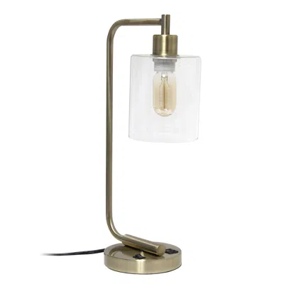 Hivvago 19" Antiqued Brass Metal Lantern Usb Table Lamp With Clear Cylinder Shade In Metallic