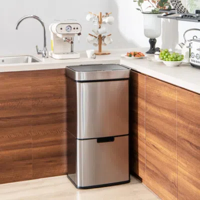 Hivvago 19 Gal Stainless Steel Trash Can With Kitchen Waste Bin And 2 Bottom Recycling Bins-silver In Metallic