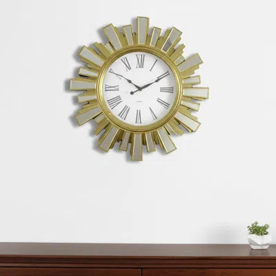 Hivvago 19" Gold And Clear Mirrored Glass And Heavy Duty Plastic Silent Analog Sunburst Wall Clock In Brown
