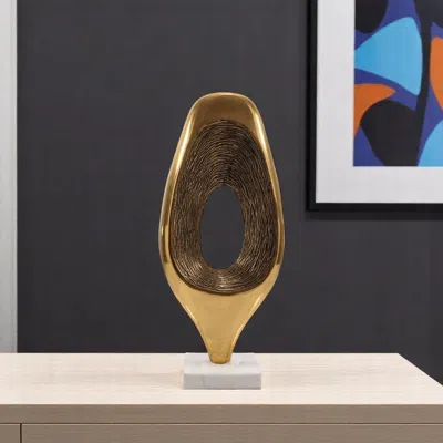Hivvago 19" Gold And White Aluminum And Marble Abstract Tabletop Sculpture In Brown