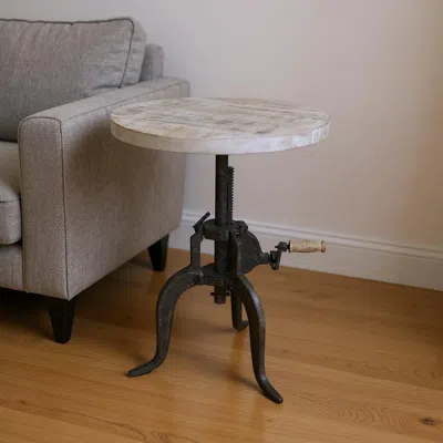 Hivvago 19" Natural And Metal Solid Wood And Iron Height Adjustable Round End Table In Multi