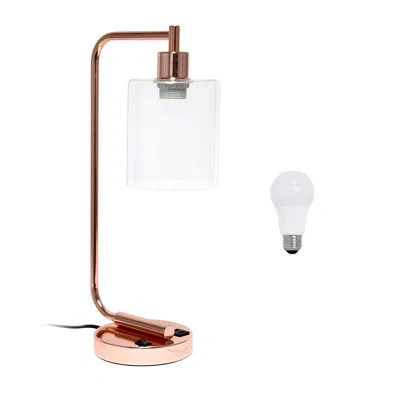HIVVAGO 19" ROSE GOLD IRON LANTERN USB TABLE LAMP LED WITH CLEAR CYLINDER SHADE