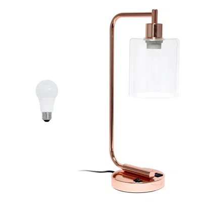 HIVVAGO 19" ROSE GOLD IRON LANTERN USB TABLE LAMP LED WITH CLEAR CYLINDER SHADE