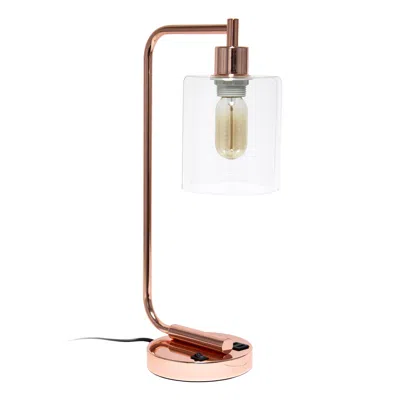 HIVVAGO 19" ROSE GOLD IRON LANTERN USB TABLE LAMP WITH CLEAR CYLINDER SHADE
