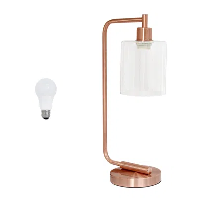 HIVVAGO 19" ROSE GOLD METAL LANTERN TABLE LAMP LED WITH CLEAR CYLINDER SHADE