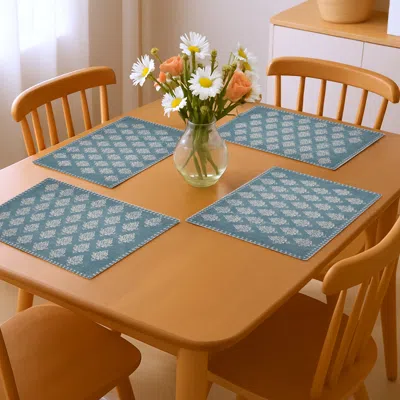 Hivvago 19" Set Of Four Cream And Turquoise Damask Cotton Placemats In Blue