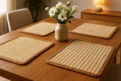 Hivvago 19" Set Of Four Cream Yellow And Natural Striped Cotton And Jute Placemats