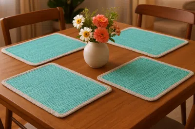 Hivvago 19" Set Of Four Turquoise And Natural Solid With Border Cotton Placemats In Blue