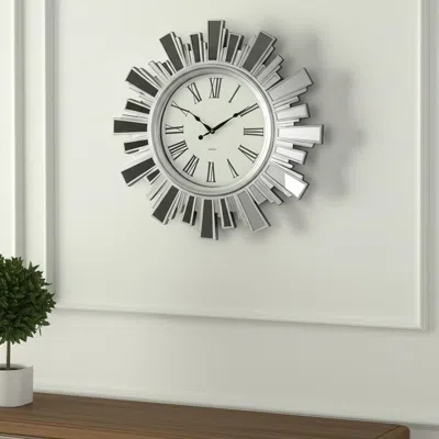 Hivvago 19" Silver And Clear Mirrored Glass And Heavy Duty Plastic Silent Analog Sunburst Wall Clock