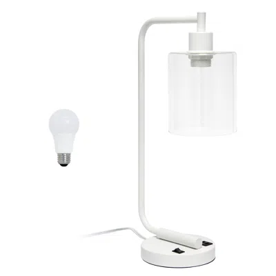 Hivvago 19" White Iron Lantern Usb Table Lamp Led With Clear Cylinder Shade