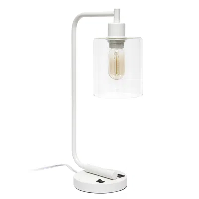 Hivvago 19" White Iron Lantern Usb Table Lamp With Clear Cylinder Shade