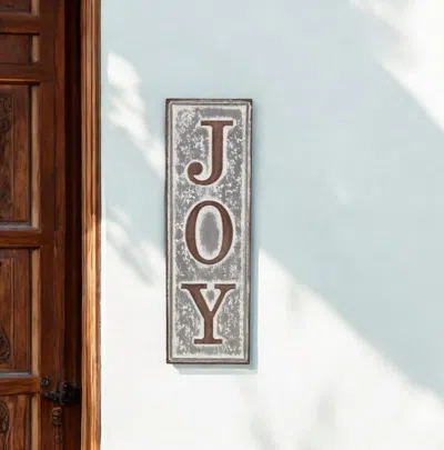 Hivvago 19" X 6" Gray And Brown Handcrafted Joy Metal Wall Decor