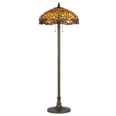 Hivvago 2 Bulb Tiffany Floor Lamp With Dragonfly Design Shade, Multicolor