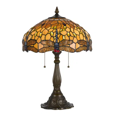 Hivvago 2 Bulb Tiffany Table Lamp With Dragonfly Design Shade, Multicolor