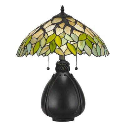 Hivvago 2 Bulb Tiffany Table Lamp With Leaf Design Glass Shade, Multicolor