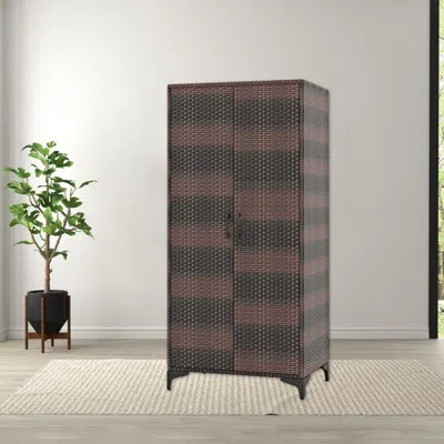 Hivvago 2-door Rattan Wardrobe Closet With Hanging Rod And Woven Wicker Design In Brown
