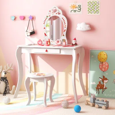 Hivvago 2 In 1 Children Pretend Makeup Vanity Set With Removable Mirror And Storage Drawer-white