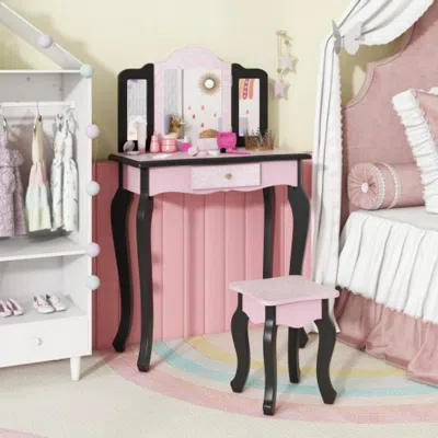 Hivvago 2 In 1 Princess Dressing Table Writing Desk With Cute Leopard Print 3 Makeup Accessories-pink