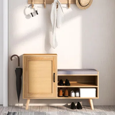 Hivvago 2-in-1 Rattan Shoe Cabinet With Bench Shoe Storage Bench With Washable Cushion-natural