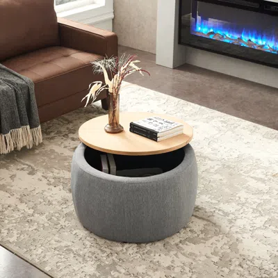 Hivvago 2 In 1 Round Storage Organizer And Foot Stool With Wooden Lid - Dark Grey In Gray