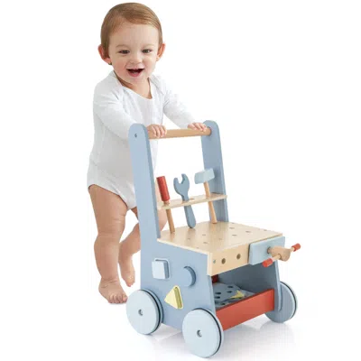 Hivvago 2-in-1 Toddler Wooden Baby Push Walker With Multi-activity Center In Blue