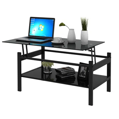 Hivvago 2 Layers Modern Designed Lifting Top Tempered Glass Coffee Table - Black