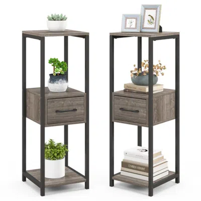 Hivvago 2 Pack 3 Tier Tall Metal Plant Stand With Drawer And Display Shelf-gray In Brown