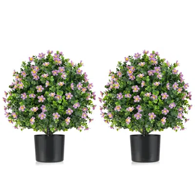 Hivvago 2 Pack Artificial Boxwood Topiary Ball Tree Faux Shrub Bushes With Flowers