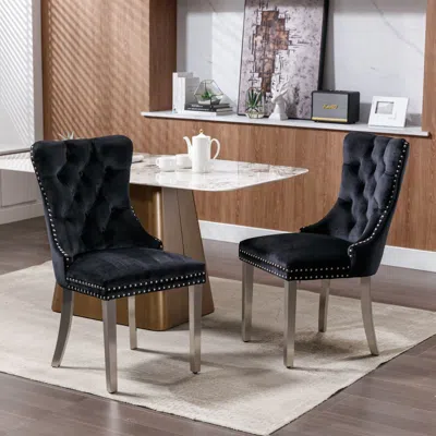 Hivvago 2 Pcs High-end Tufted Contemporary Velvet Chair With Chrome Detail And Metal Legs - Black
