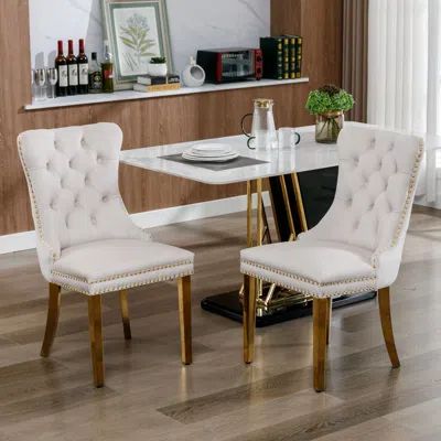 Hivvago 2 Pcs High-end Tufted Contemporary Velvet Chair With Stainless Golden Legs - Beige In White
