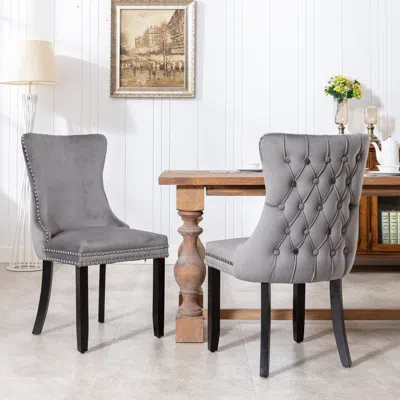 Hivvago 2 Pcs High-end Wing Back Tufted Modern Contemporary Velvet Chair With Wooden Legs - Gray