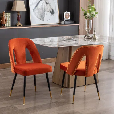 Hivvago 2 Pcs Modern Contemporary Velvet Upholstered Dining Chair With Nailheads - Orange