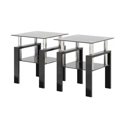Hivvago 2 Pcs Modern Design Coffee Table Tempered Glass End Table Night Stand - Black In Multi