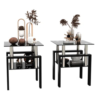 Hivvago 2 Pcs Modern Design Coffee Table Tempered Glass End Table Night Stand - Black