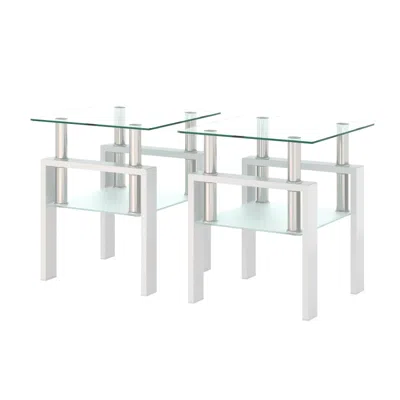 Hivvago 2 Pcs Modern Design Coffee Table Tempered Glass End Table Night Stand - White In Multi