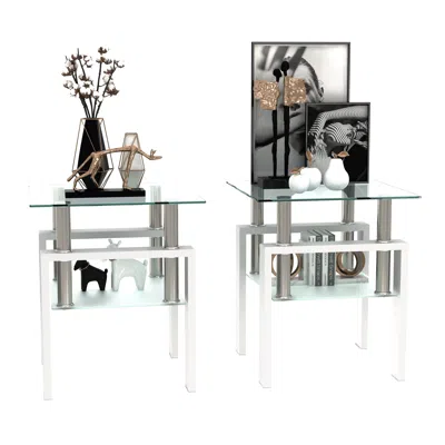 Hivvago 2 Pcs Modern Design Coffee Table Tempered Glass End Table Night Stand - White In Gray