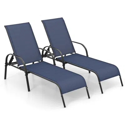 Hivvago 2 Pcs Outdoor Patio Lounge Chair Chaise Fabric With Adjustable Reclining Armrest-navy In Blue