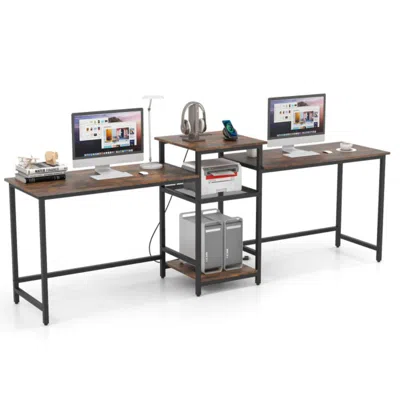 Hivvago 2-person Computer Desk With Power Outlet And Printer Stand-rustic Brown