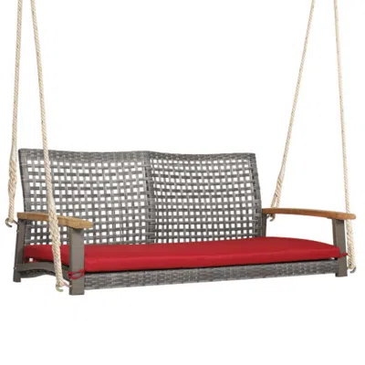 Hivvago 2-person Patio Wicker Hanging Swing Chair-off White In Red