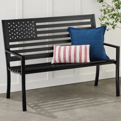 Hivvago 2 Person Patriotic Usa Black Metal Bench With American Flag Backrest