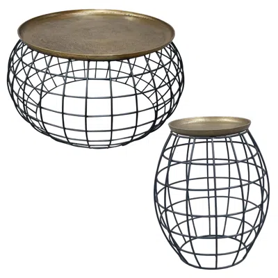 Hivvago 2 Piece Coffee Table And End Table Set, Round Antique Brass Tray Top, Curved Cage Design Black Iron  In Gold