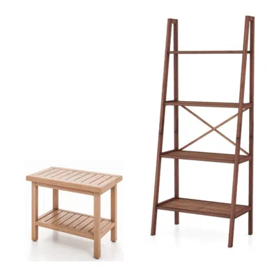 Hivvago 2-piece Laundry Room Furniture Set: Teak Utility Bench + Bamboo Ladder Shelf In Brown