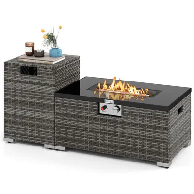 Hivvago 2-piece Outdoor Rattan Fire Table Set 32 Inch Rectangle Gas Firepit With Tank Cover